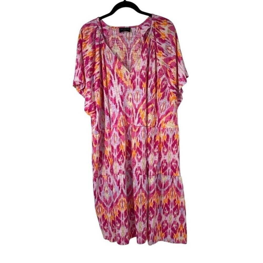 Lane Bryant V-Neck Tiered Easy Short Dress‎ Pink Ikat Sz 26/28 Women